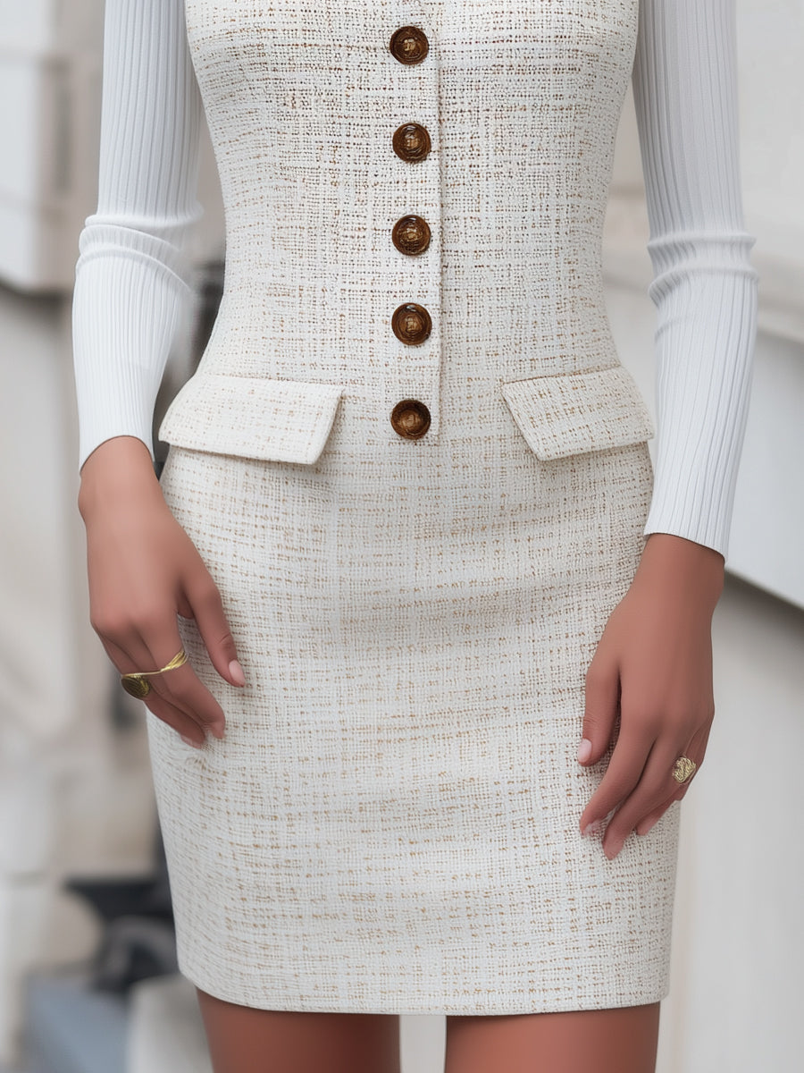 Elegant Tweed Mini Dress And Knit Turtleneck Two-Piece Set