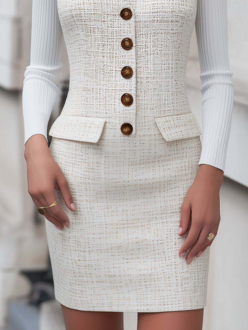 Elegant Tweed Mini Dress And Knit Turtleneck Two-Piece Set