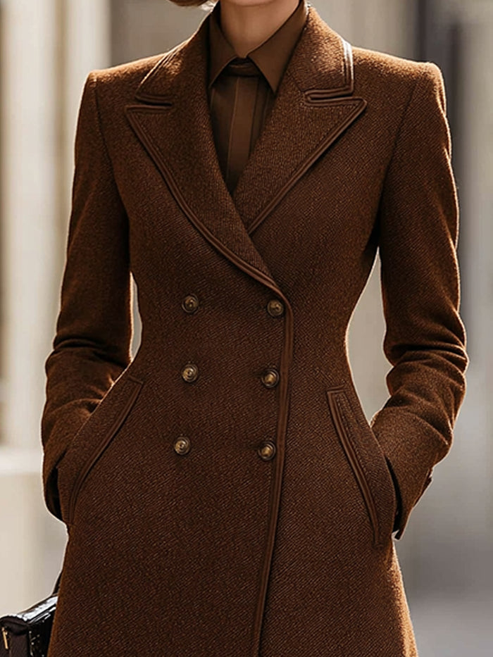 Mocha Brown Double-Breasted Long Coat