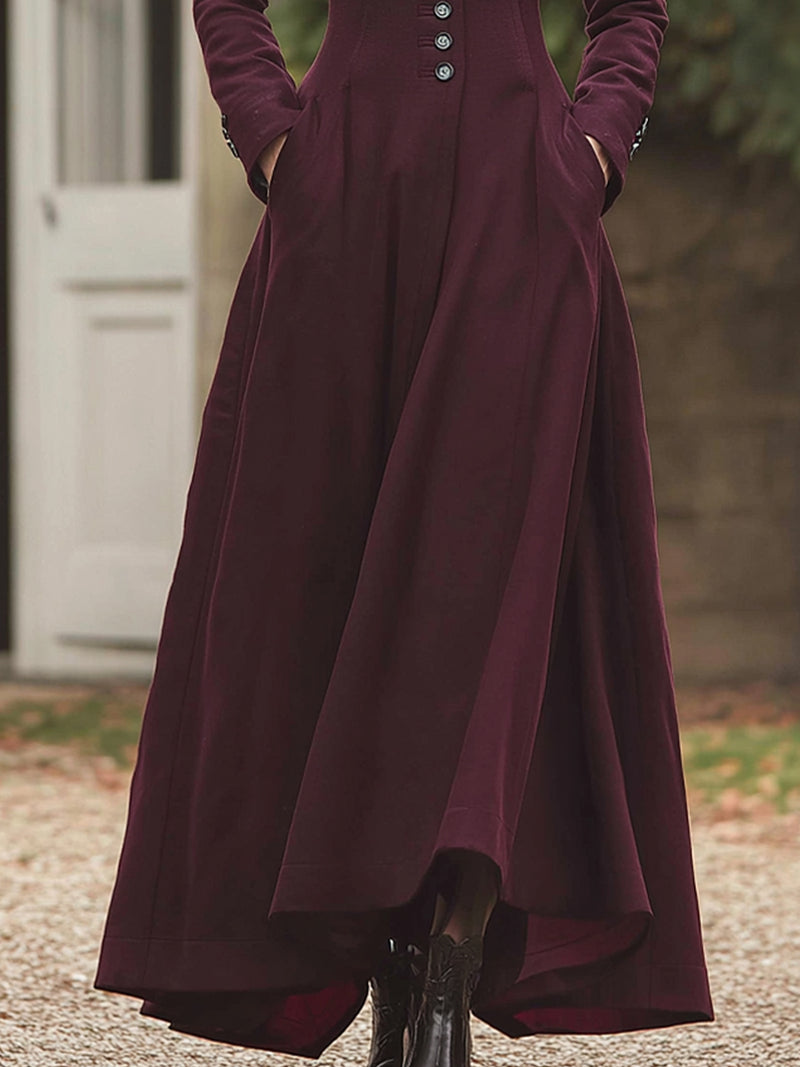 Burgundy Victorian-Inspired Tailored Maxi Coat Dress