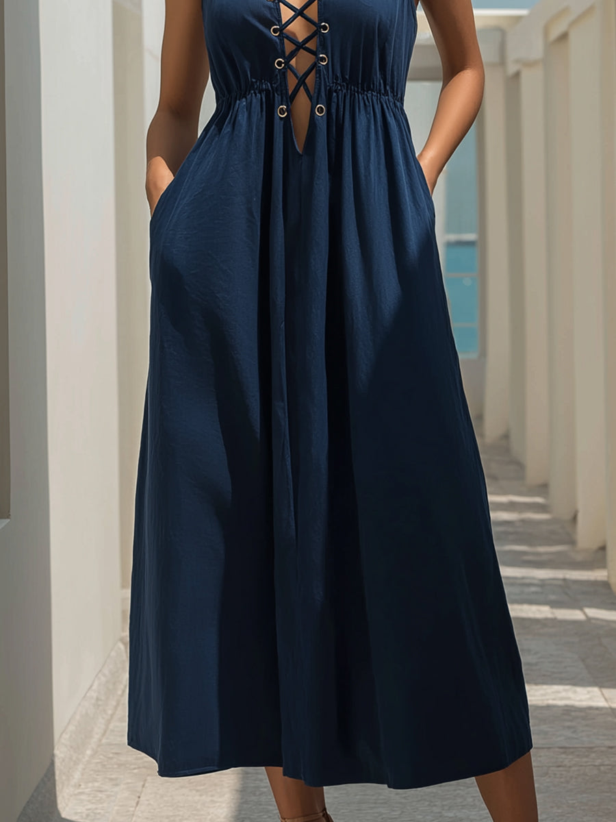 Lace-Up V-Neck Sleeveless Midi Dress