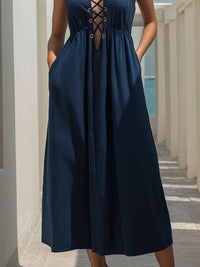 Lace-Up V-Neck Sleeveless Midi Dress