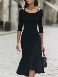 Draped Neckline Fitted Midi Dress