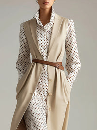 Belted Sleeveless Long Blazer With Polka Dot Shirt Dress Set