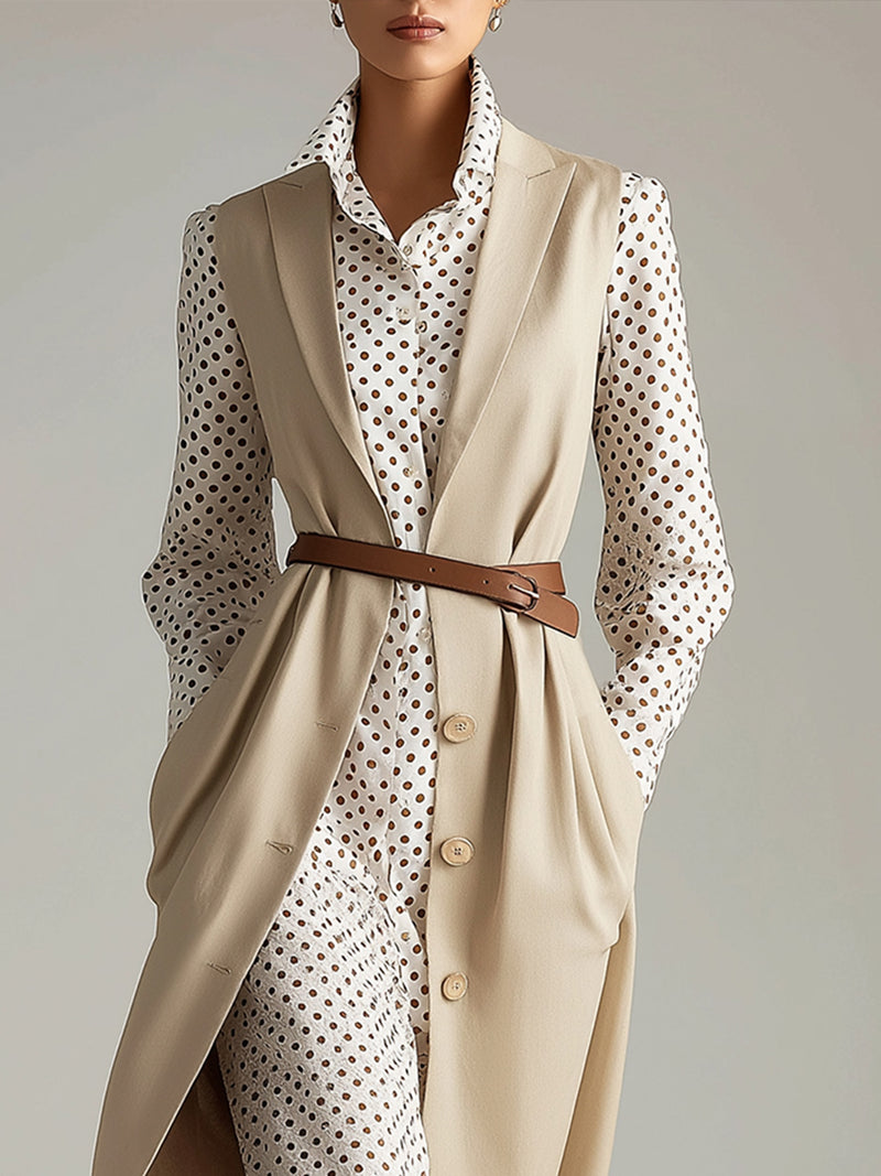 Belted Sleeveless Long Blazer With Polka Dot Shirt Dress Set