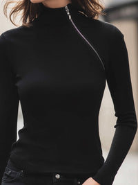 Black Asymmetric Zip High-Neck Knit Top