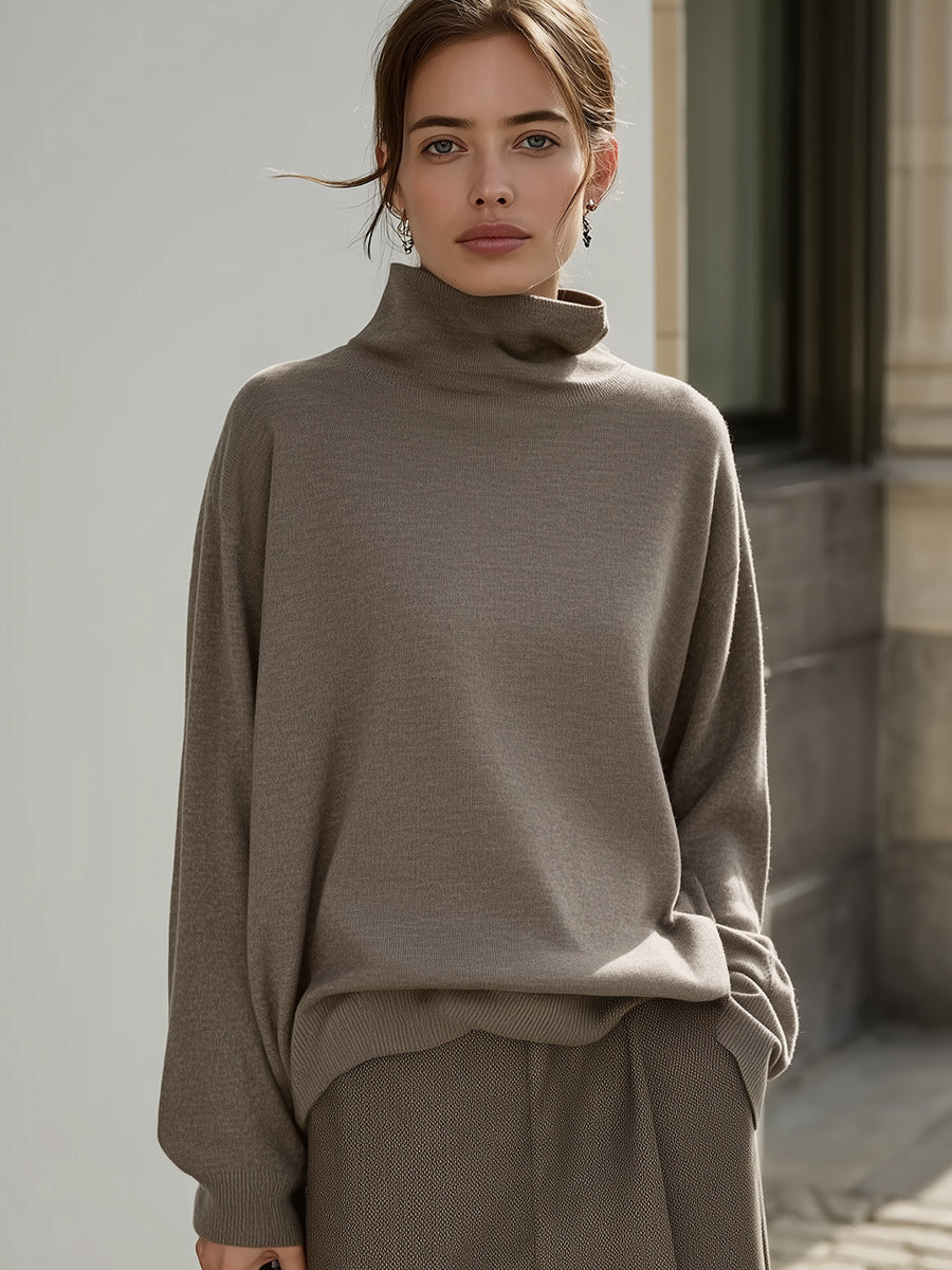 Taupe Relaxed Turtleneck Knit Sweater
