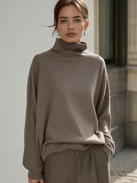 Taupe Relaxed Turtleneck Knit Sweater