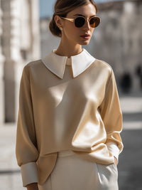 Champagne Contrast Collar Satin Blouse