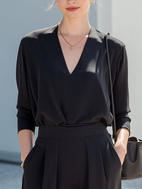 Black V-Neck Blouse & Tailored Wide-Leg Pants Set