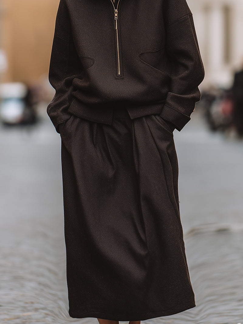 Minimalist Half-Zip Pullover And Midi Skirt Set