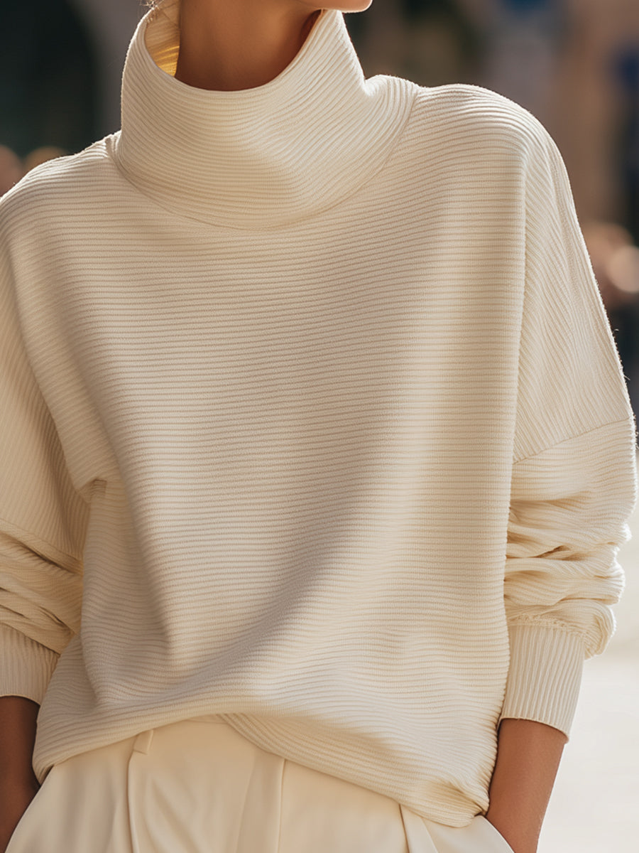 Cream Ribbed Turtleneck Sweatshirt