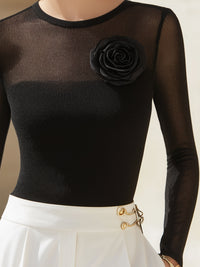 Elegant Sheer Knit Top With Statement Floral Appliqué