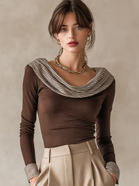 Striped Drape-Collar Ribbed Top