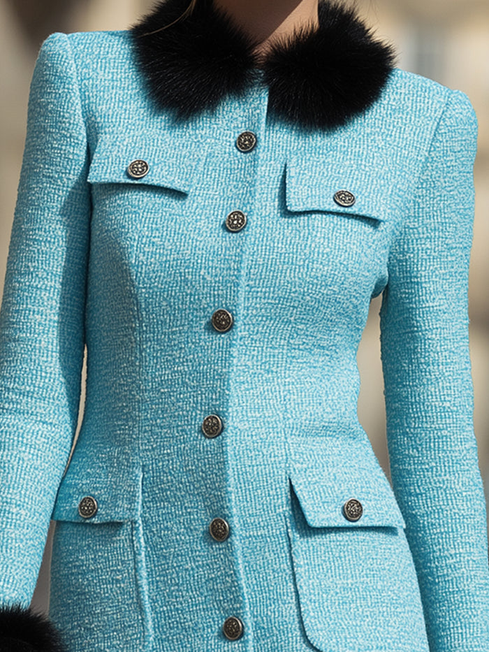 Tweed Button-Front Dress With Black Faux Fur Trim