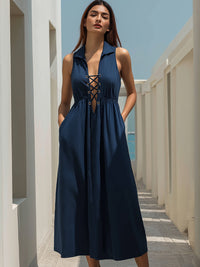 Lace-Up V-Neck Sleeveless Midi Dress