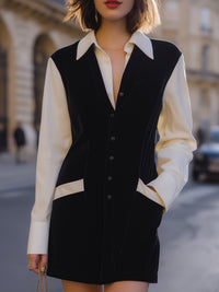 Velvet Contrast Shirt Dress With White Collar And Sleeves