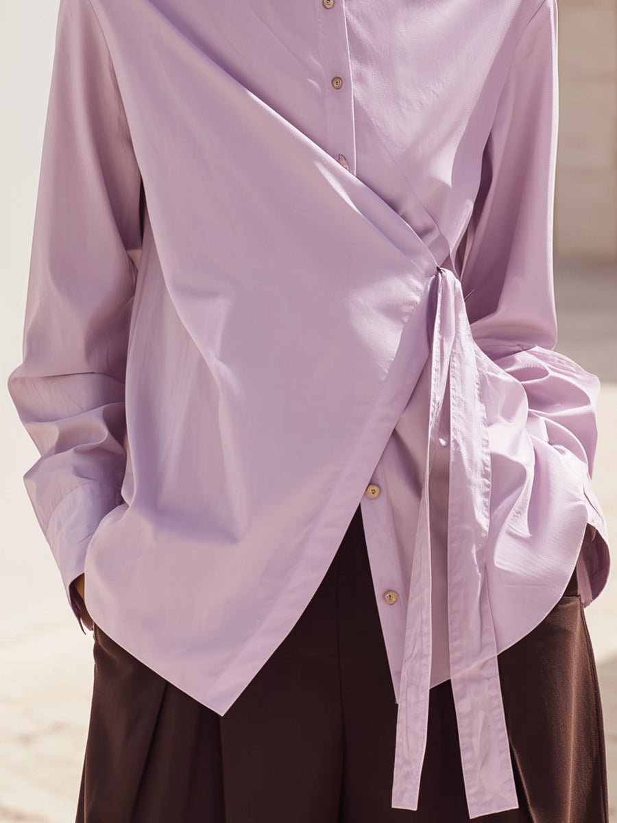 Lilac Asymmetric Wrap Shirt With Mandarin Collar