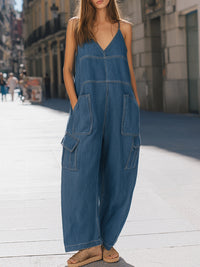 V-Neck Denim Cargo Wide-Leg Jumpsuit