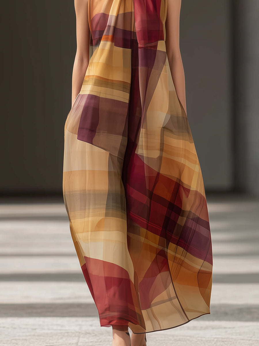 High-Neck Abstract Plaid Sleeveless Maxi Dress