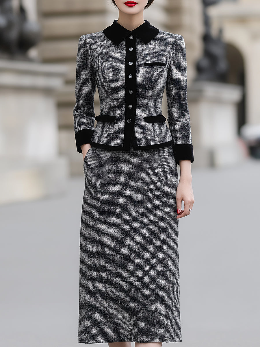Classic Grey Tweed Skirt Suit With Velvet Trim