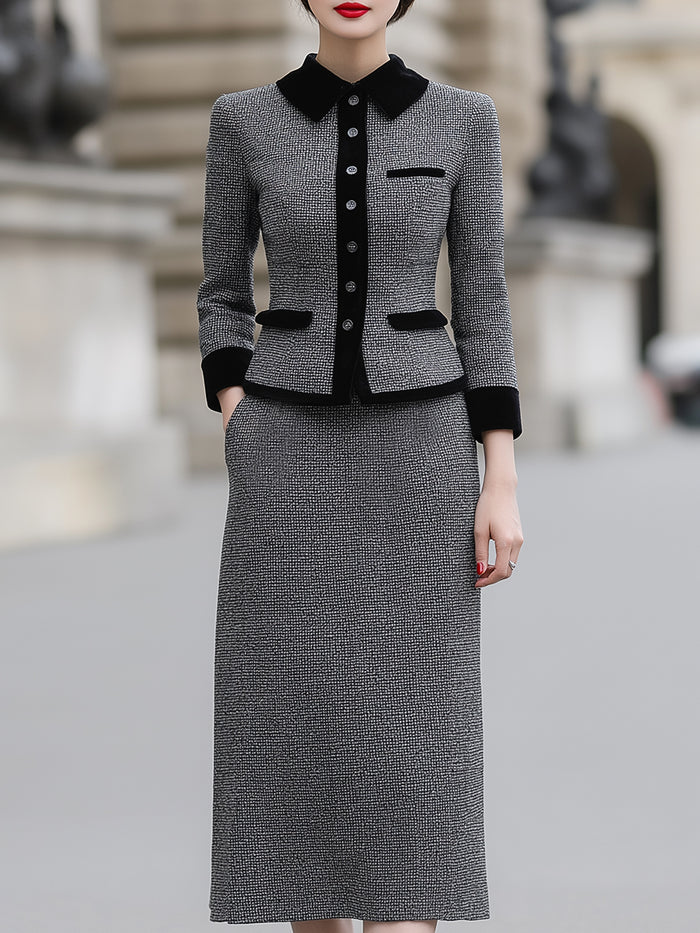 Classic Grey Tweed Skirt Suit With Velvet Trim