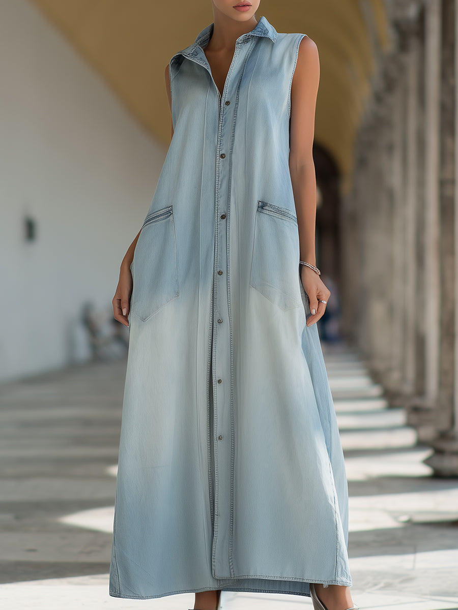 Sleeveless Button-Front Denim Maxi Shirt Dress