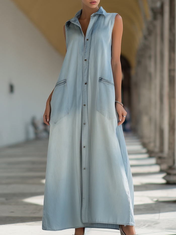 Sleeveless Button-Front Denim Maxi Shirt Dress