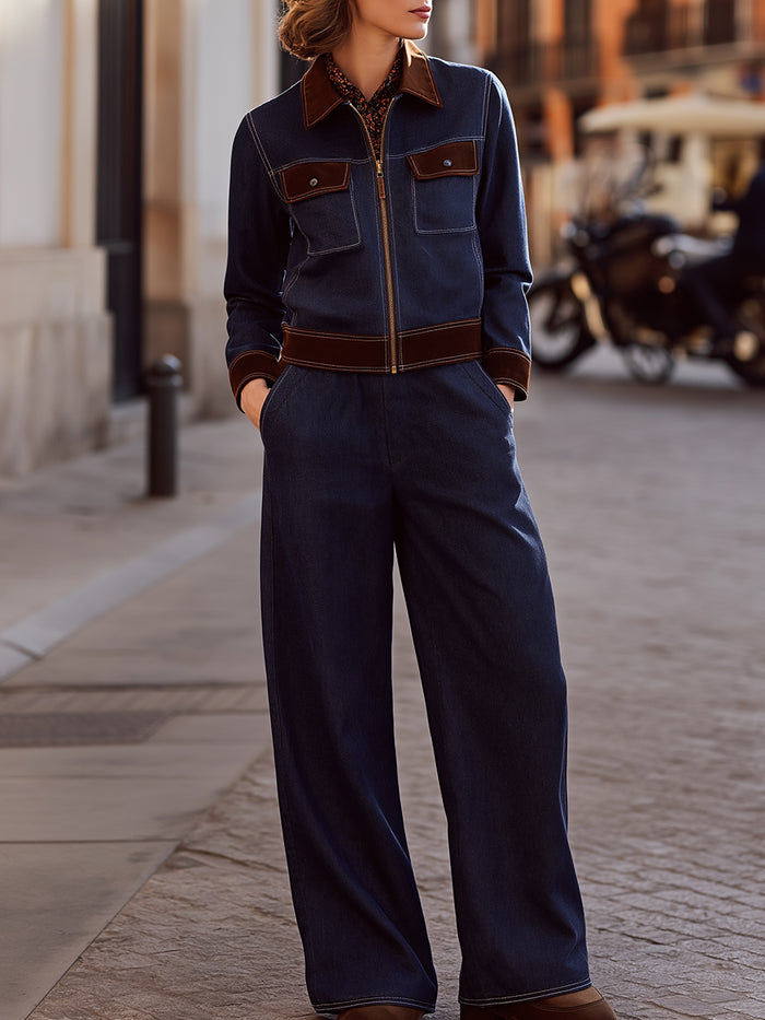 Contrast-Trim Denim Jacket And Wide-Leg Trousers Set