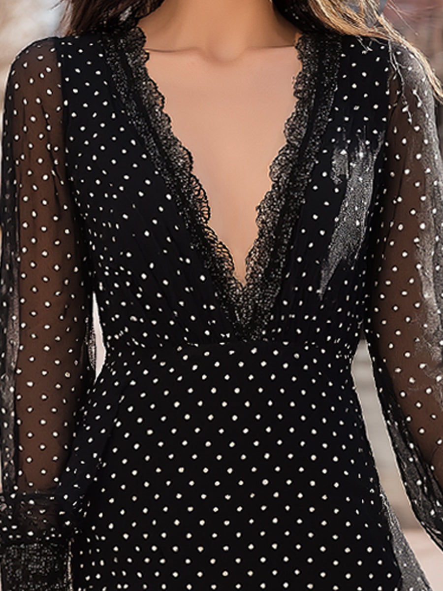 Black Polka Dot Lace-Trim Deep V Chiffon Dress