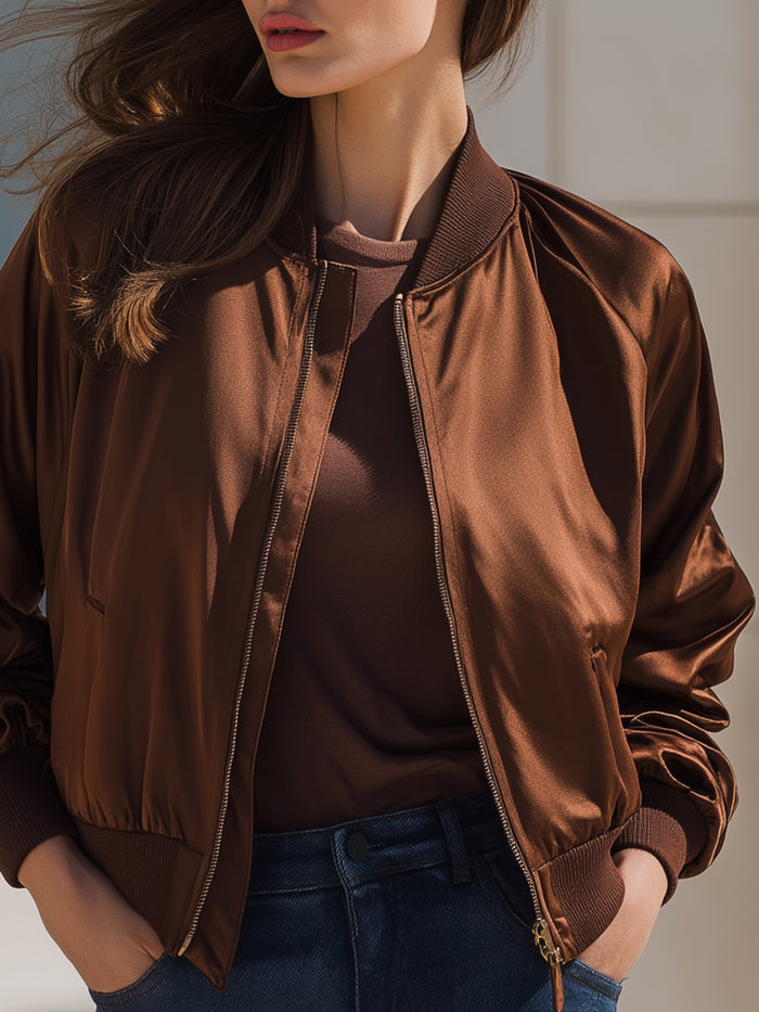 Brown Satin Bomber Jacket