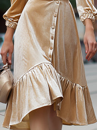 Champagne Velvet Puff Sleeve Wrap Midi Dress