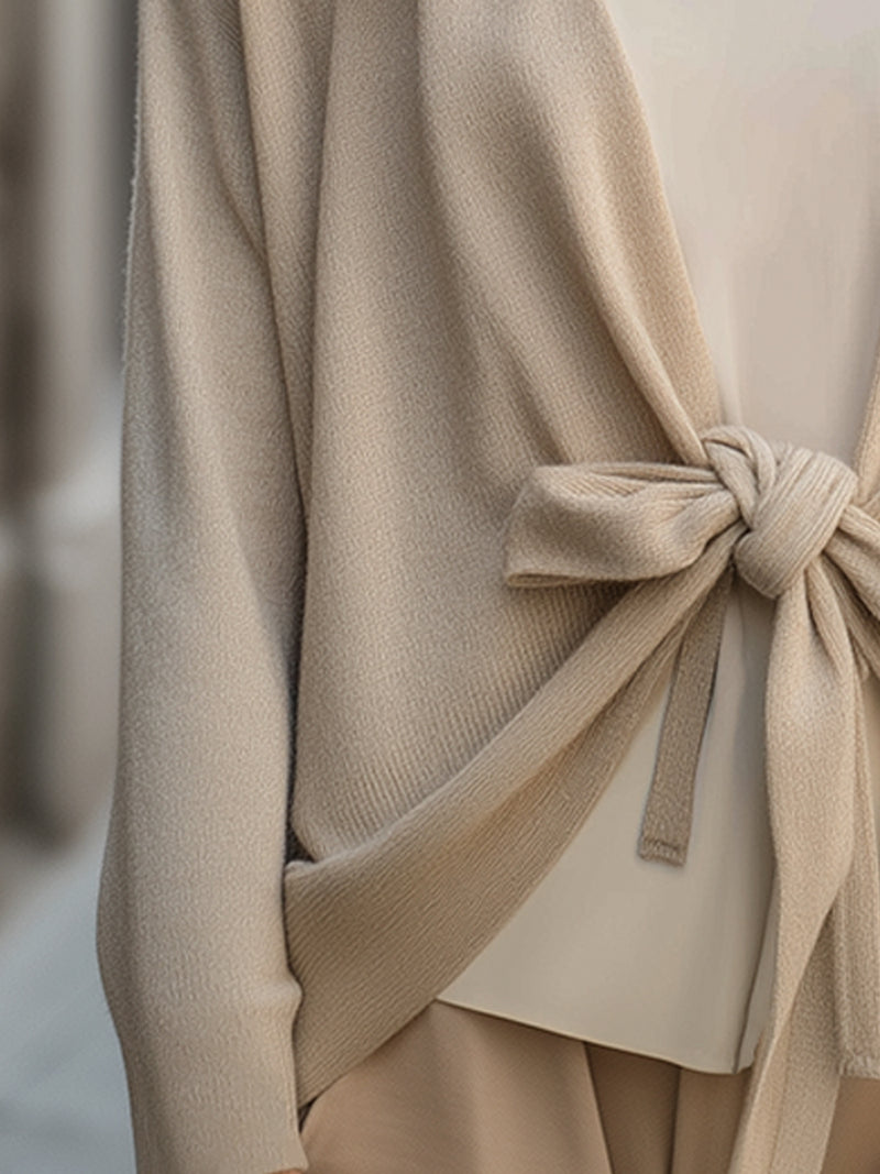Soft Knit Front-Tie Cardigan In Oat Beige