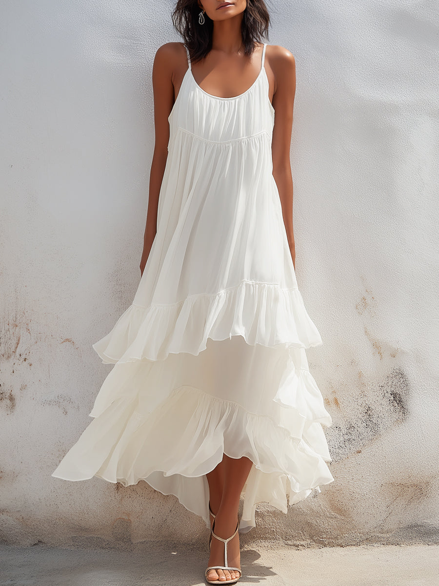 Layered Ruffle Hem Spaghetti Strap Midi Dress