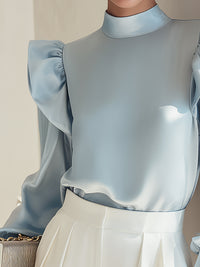 Sky Blue Satin Puff-Shoulder Blouse
