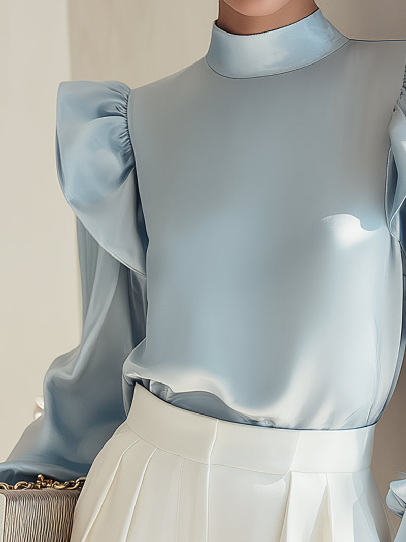 Sky Blue Satin Puff-Shoulder Blouse