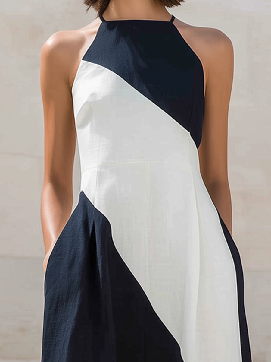 Asymmetric Panel Halter Neck A-Line Midi Dress