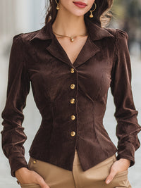 Brown Corduroy Button-Down Shirt With Gold Accents
