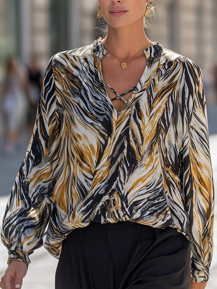 Abstract Print Draped V-Neck Blouse