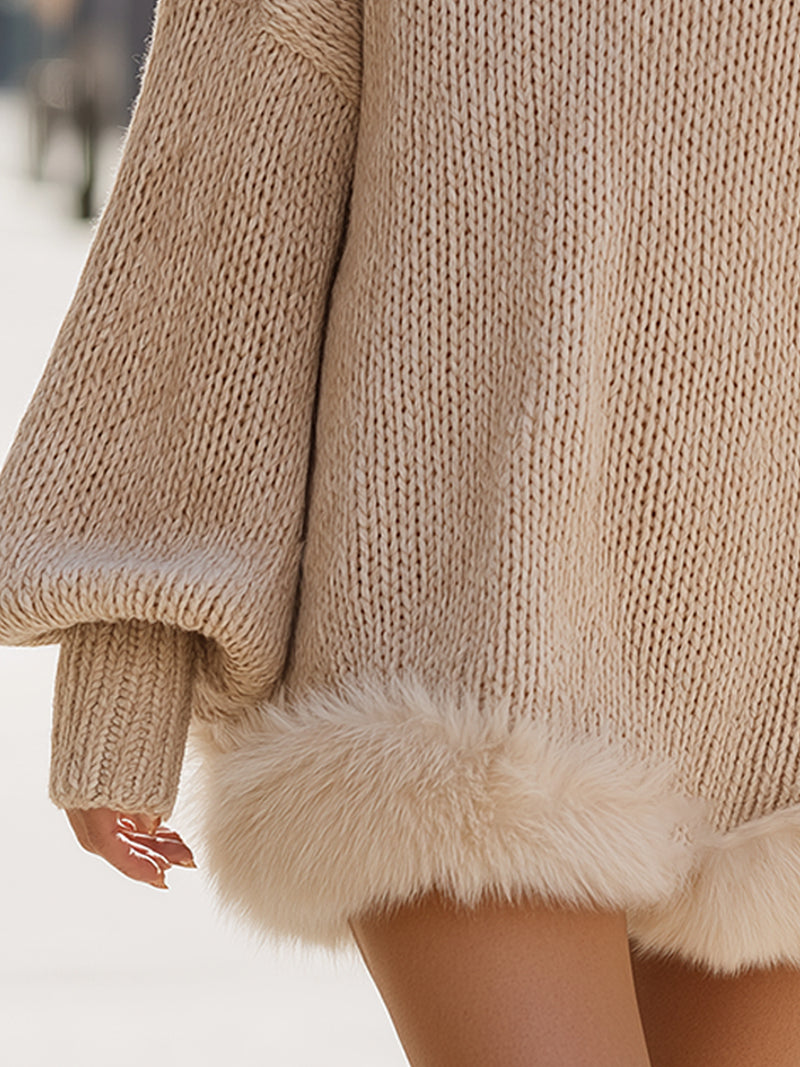 Oversized Knit Sweater With Faux Fur Hem
