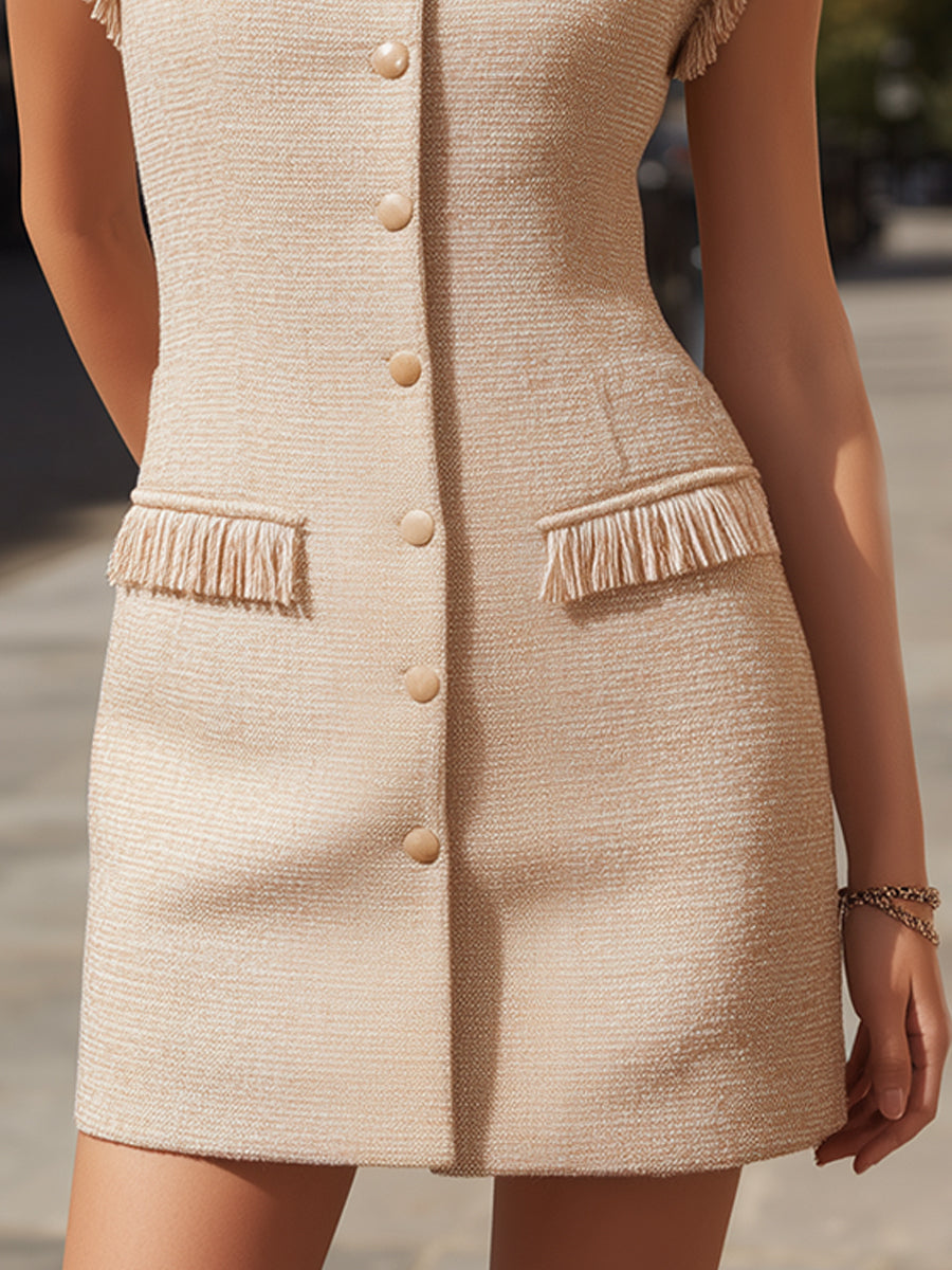 Sleeveless Tweed Mini Dress With Fringe Trim And Button Front