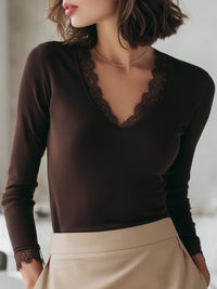 Lace-Trimmed Ribbed Long Sleeve Top