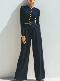 Navy Button-Front Cropped Top With Wide-Legged Pants Set