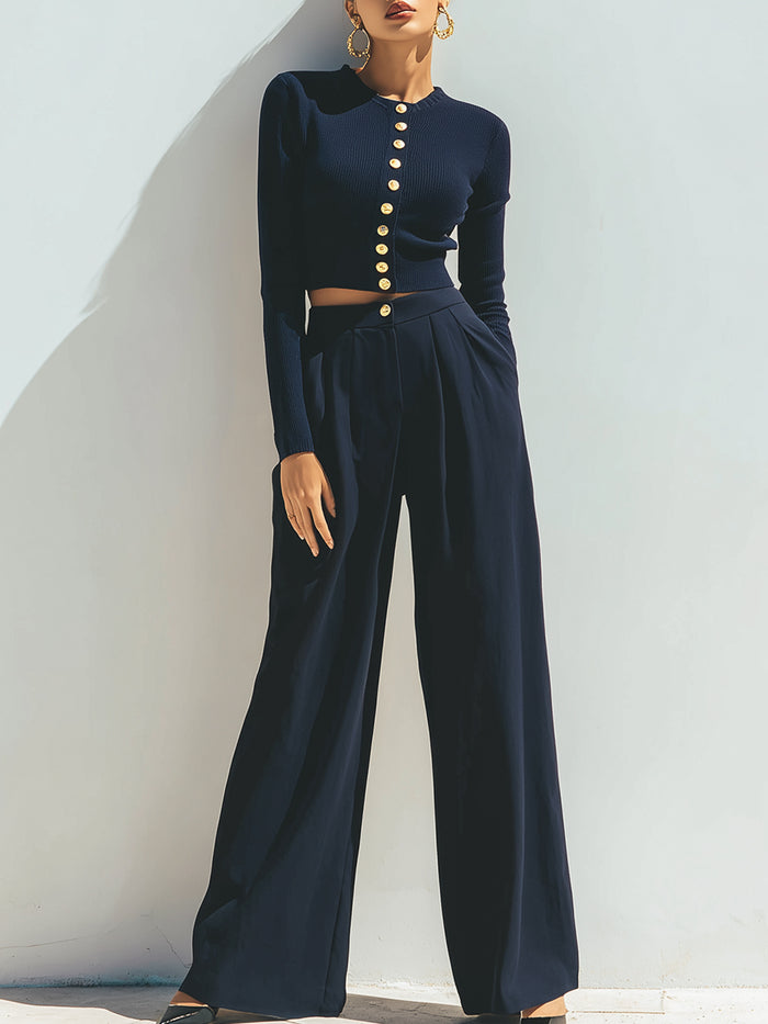Navy Button-Front Cropped Top With Wide-Legged Pants Set