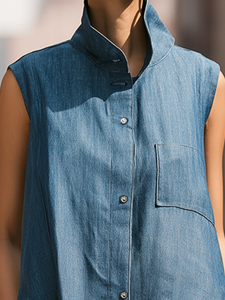 Minimalist Sleeveless Button-Up Denim Jacket