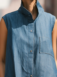 Minimalist Sleeveless Button-Up Denim Jacket