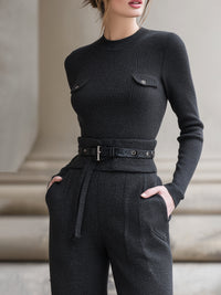 Elegant Black Ribbed Knit Belt Set
