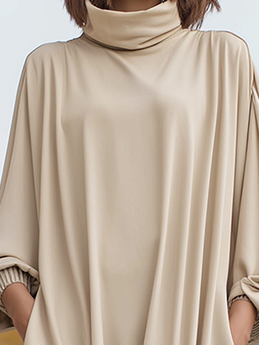 Elegant Oversized High-Neck Drape Dress With Batwing Sleeves