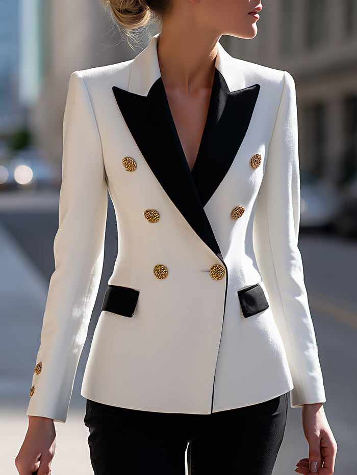 White Double-Breasted Blazer With Black Contrast Lapels
