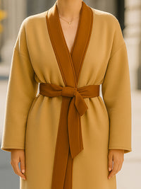 Wrap Coat With Contrast Trim And Tie Belt